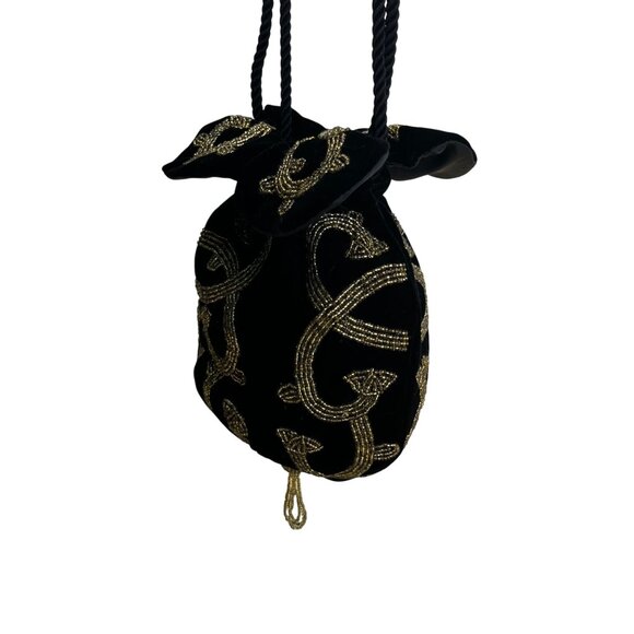 Black Velvet Drawstring Pouch Bag With Gold Beaded Design & Braided Shoulder Str - Picture 3 of 9